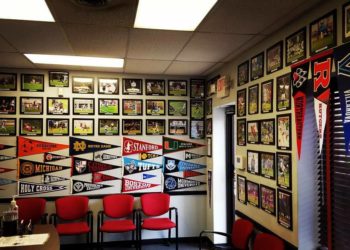 Williams Sport Training Whippany office with pennants and photos of professional clients